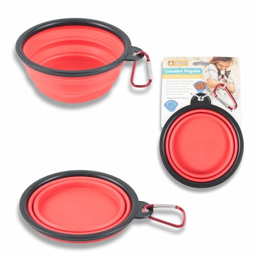 Cuenco Plegable de Silicona, Portátil y Reutilizable, Recipiente para Comida y Agua de Mascotas, 12,7 x 8,7 x 4,5 cm, con Mosquetón, No Tóxico (Rojo)