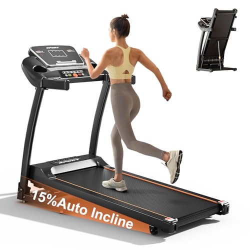 LIJIUJIA Treadmills for Home, Folding Treadmill with 15% Auto Incline, 3.0HP Walking Pad Treadmill, 300 lbs Capacity, Max Speed 6.2 MPH, Bluetooth Speaker & Heart Rate Sensor, LED Display