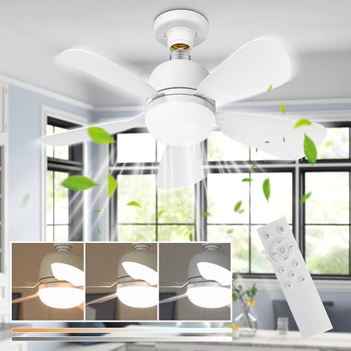 YOUKAIN 20' Ceiling Fan, White Ceiling Fans with Lights and Remote, Light Socket E26 Base Fan, 5...