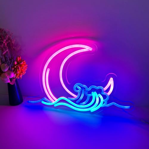 Image of Moon and Wave Neon Sign for Wall Decor Pink Moon Blue Wave LED Neon Light for Bedroom Dresser Aesthetic Room Decor USB Powered Wall Art for Living Room Bar Kid's Room Ideal Teens Girls Gifts