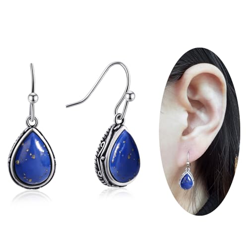 Sapphire Drop Dangle Earrings Silver Teardrop Vintage Earrings Blue Gemstone Hanging Earrings Birthstone Jewelry for Women