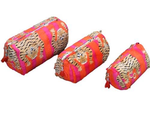 INDACORIFY Cotton Quilted Toiletry Bag Set of 3 Pieces Indian Floral Print Cosmetic Makeup Bags Pouches Travel Vintage Storages Shaving Kit (Design 6)