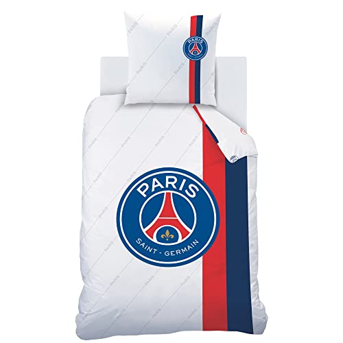 PSG Retro White Parure de Lit | Housse de Couette Enfant 1 Personne 140x200 cm + 1 Taie d'oreiller 63x63 cm Imprimées Reversibles | 100% Coton | Oeko-TEX | Blanc
