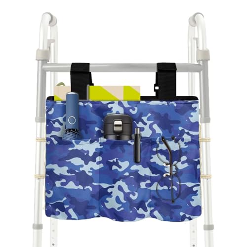 Rnyleeg Navy Blue Camo Walker Pouch for Rolling Walker Water-Resistant Walkers Bag with Cup Holder Big Capacity Multi Pockets Folding Walkers Basket Tote Bag for Seniors, Elderly, Handicap