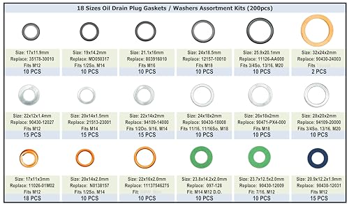 Image of 200PCS 18 Sizes Master Oil Drain Plug Gaskets Washers Assortment Kits Fit for Toyota, Subaru, Chevrolet Replace 90430-12031, MD050317, 803916010, 11026-01M02, 11137546275, APC93000