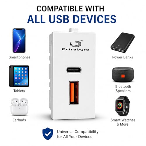 Image of USB Charger Socket (Type A & Type C) | Fast Charging Modular Wall USB Socket for Mobile, Tablet & Devices | Matt Finish White