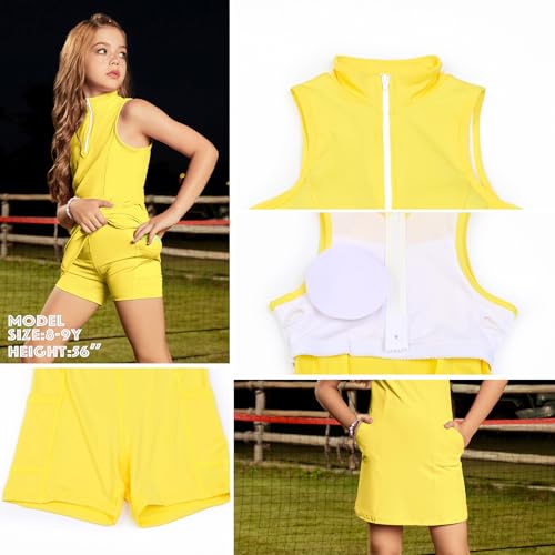 Image of Perfashion Girls Tennis Dress 1 /4 Zip Golf Outfit Built-in Bra & Shorts Pickleball Athletic Dress Workout Pockets 4-13Y