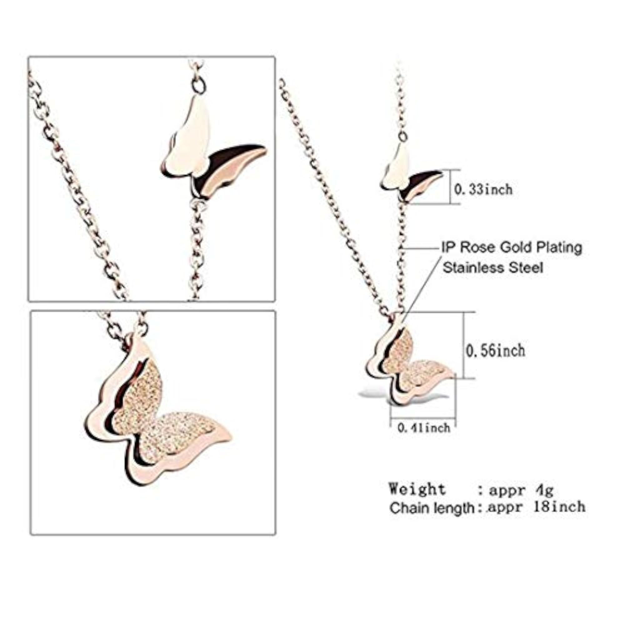 18k Rose Butterfly CZ Pendant Chain