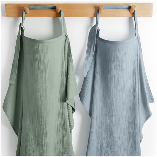 Comfy Cubs Muslin Nursing Cover Pack of 2, 100% Cotton Muslin Breastfeeding Cover for Moms, Soft & Breathable Baby Nursing Scarf, Adjustable Neck Strap - Privacy Coverage - Fern and Pacific Blue