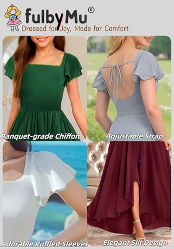 Short Sleeve Junior Bridesmaid Dress with Slit Square Neck Flower Girl Dresses for Wedding Long Formal Party Jr Dress2