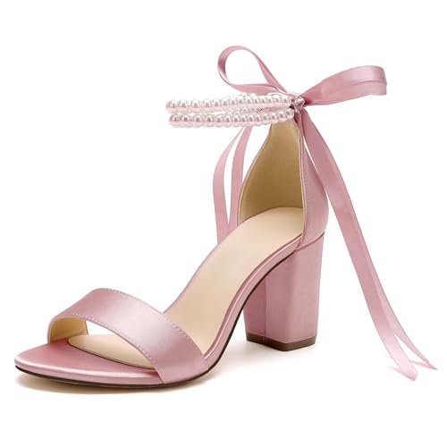 Image of Women's Open Toe Pearl Wedding Shoes for Bride High Heels Sandals Satin Bridal Block Chunky Heels Ankle Strap Prom Evening Party Pumps