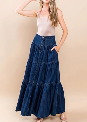 CHARTOU Women High Waist Tiered Denim Maxi Skirt Western Ruffle Patchwork Y2k A Line Long Jean Skirt Pockets3