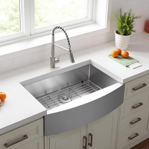 36 Inch Farmhouse Kitchen Sink 16 Gauge Stainless Steel Basin Rounded Apron Front Kitchen Sink 10 Deep Basin with Accessories