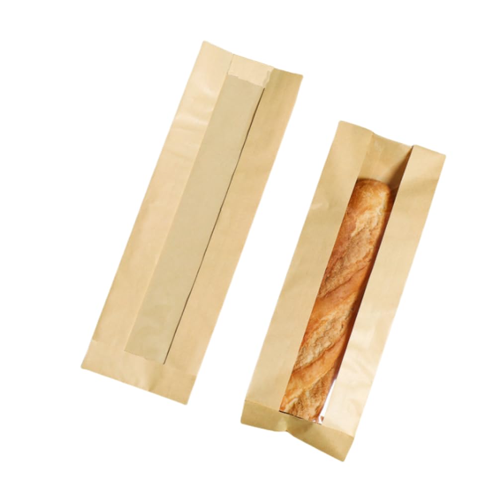 50Pieces French Baguette Paper Bags with Window,13"Baguette Bags,Paper Bags with Window,Clear Bread Bags,Heat Seal Bags Packaging for Baked Goods,Bread Packaging (Brown)