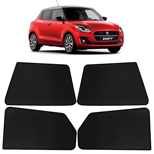 Image of OTO2EYE Car Sun Shade Compatible for Maruti Suzuki Swift Model 2021 to 2024, Z-Black Fix Type Side Window Curtains, Only Half Cut in Front Window, 4 Pieces Set