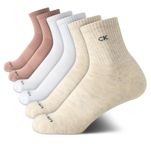 Calvin Klein Womens High Quarter Socks - 6 Pack Performance Cushioned Crew Cuffed Athletic Socks for Women with Arch Support Size One Size Beige Assorted