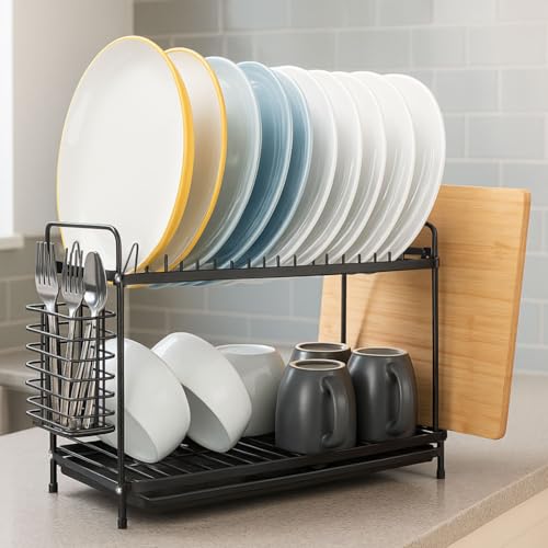 Coselena 2-Tier Black Dish Drainer Rack - Multifunctional Dish Rack with Utensil Holder & Draining Board - Kitchen Storage Rack - Space-Saving Drainers for Kitchen Sink - Countertop Organiser