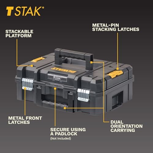 DEWALT Tool Box TSTAK II, 13 In. Flat Top Tool Storage Case, Stackable Organizer Hard Case Portable Toolbox, Heavy Duty, Holds Up To 66 lbs (DWST17807)
