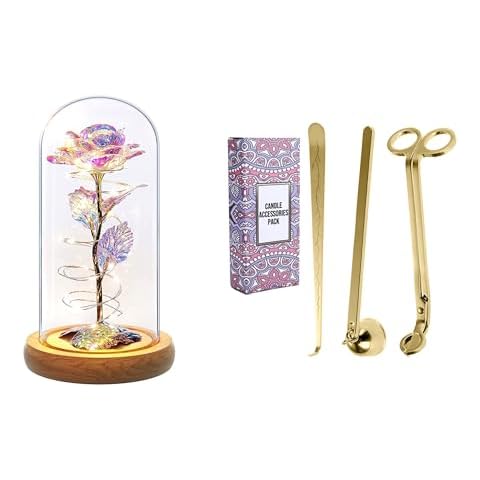 Galaxy Rose Flower Gifts for Women 6hr Timer and Craft911 Elegant 3-in-1 Golden Candle Care Kit Cover