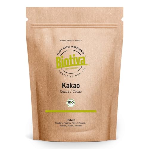 Kakao Pulver Bio 1kg - 100% reines Kakaopulver stark entölt (11% Fett) - ohne Zucker - ohne Zusatzstoffe - Abgefüllt und kontrolliert in Deutschland - Biotiva