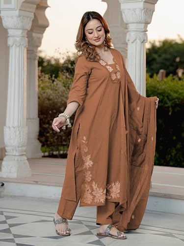 Image of Arayna Women's Pure Cotton Embroidered Kurta Pant Dupatta Set | Straight Kurta with Floral Embroidery | Ethnic Suit Set for Women