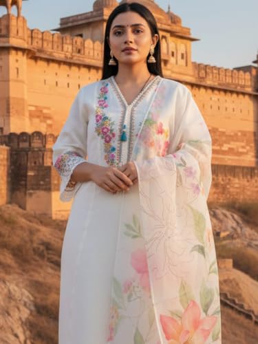 Image of INDO ERA Women's Silk Blend Embroidered Zari Work Straight Kurta & Pant Set | Cord Set For Women