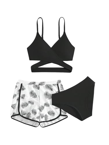 Girl's 3 Piece Swimsuit Tropical Wrap Criss Cross Cute Bikini Set Bathing Suit with Beach Shorts