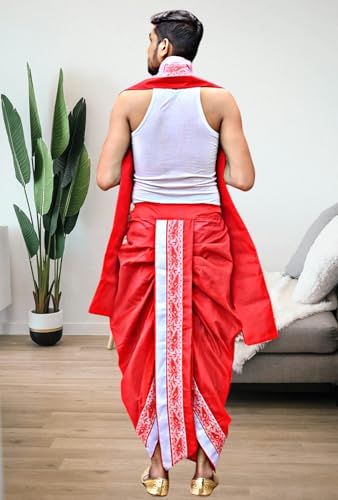 Image of Men's Ethnic | Traditional Ready to wear (Pant System) Readymade Panchakacham Dhoti With Angavastram(Towel) Set, Tassar Silk, Free Size (GC002)