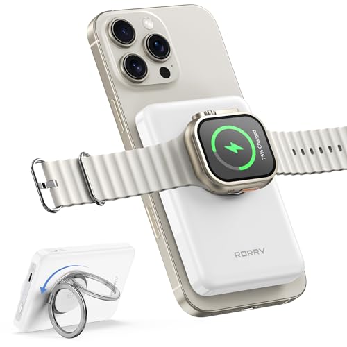 RORRY for Magsafe Battrery Pack, 10000mAh Magnetic Power Bank, 20W PD Fast Charging Wireless Portable Charger with Phone Ring for iPhone 16/15/14/13/12, Apple Watch Ultra/10/9/8/7/6/5/4//SE,