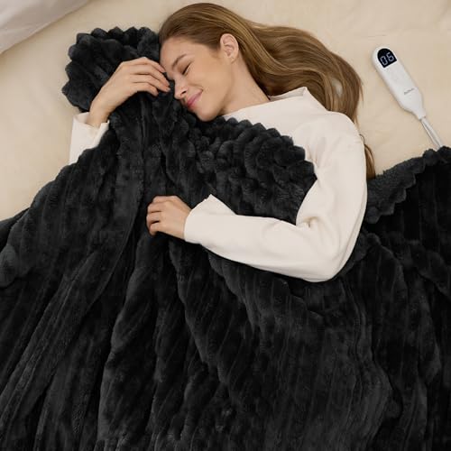Image of Bedsure Electric Blanket Twin - Thick Striped Flannel Electric Blanket, Heating with 10 Time Settings, 6 Heat Settings, and 8-Hour Timer Auto Shut Off, Gifts for Grandma (62x84 inches, Black)