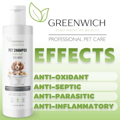 Greenwich 100% Vegan Fellpflege Hundeshampoo gegen Juckreiz, 400 ml, Sensitiv Hypoallergen Welpen Katzen Shampoo für Geruch, alle Hunderassen, pH Wert