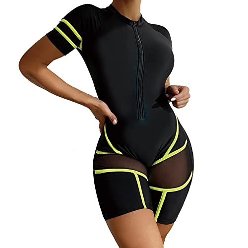 Traje de Baño Mujer Psh Up Bañador Negro Traje de Neopreno hasta la Rodilla con 50 y Empalme Malla para Mujer con Bloque Color Bañador Sexy Bikini Reductor Barriga (Green, S)