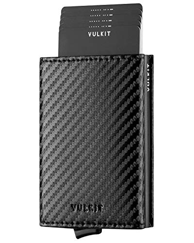 VULKIT Porte Cartes Anti Piratage RFID Portefeuille en Cuir Bifold avec Fermeture Éclair Porte Carte de Credit Bancaire pour Billets et Monnaie Homme - Fibre de Carbone