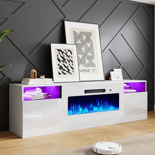 Image of AMERLIFE TV Stand with Fireplace, LED Light Entertainment Center with 36 inch Electric Fireplace, 70 inch Modern Wood Entertainment Stand with Highlight Storage Cabinet for TVs up to 80 inch, White