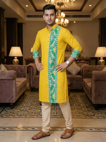Image of Men's Jamdani Printed Kurta Pajama Set | Pure Cotton Ethnic Kurta with Mandarin Collar & Dupion Silk Pyjama | Festive & Weddings 303A12A 303SB12B(M XXL)