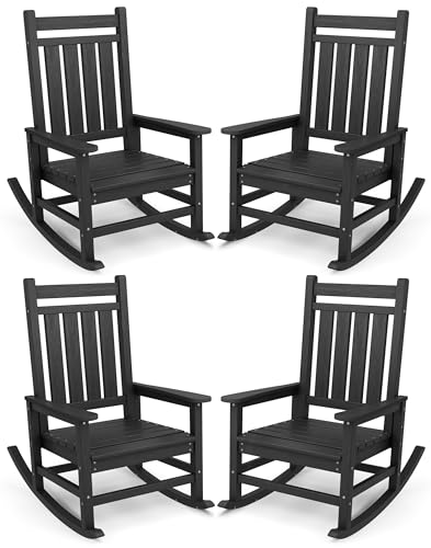 SERWALL Outdoor Rocking Chair Set of 4, HDPE Rocker for Adults, Black