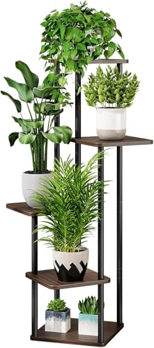 Image of JD FRESH 5 Tier Plant Stand /Metal & Premium Wood Flower Pot Stand for Multiple Plants Corner /Waterproof and Stable Tall Flower Holder for Indoor Living Room, Balcony and Garden Area (Black Oak)