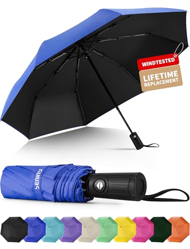 Seniny Windproof Travel Umbrella, Automatic Umbrellas for Rain, Portable & Compact Umbrellas for Backpack, Strong UV for Protection, Folding Small Sun Umbrella for Car, Walking, Dark Blue
