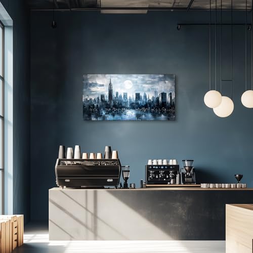 SERIMINO New York City Wall Art, Modern Urban Abstract Large Artwork, Moon Night Landscape Canvas Painting, Blue Impressionist Pictures Wall Decor Living Room Bedroom, Office Art Prints 20X40 Inch