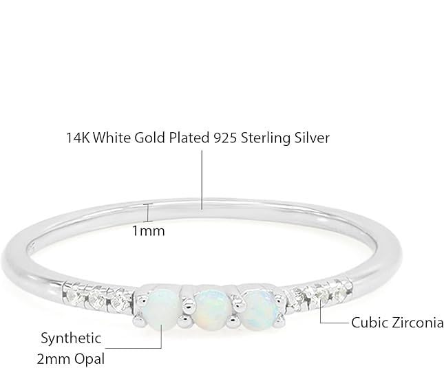 3 Stone Opal Ring for Women with Cubic Zirconia, Dainty Minimalist Stackable Promise Ring in 10K Solid Gold or 14K Gold Plated 925 Sterling Silver Jewelry Gift for Her3