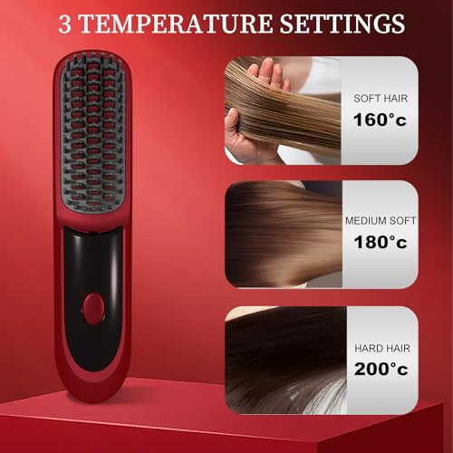 Go Brush Pro for Short Hair 2026, Portable Straightener Brushs for Travel, with LCD Temperature Display, Fast Heating Cordless Mini Hair Brushs (Red) — view 3