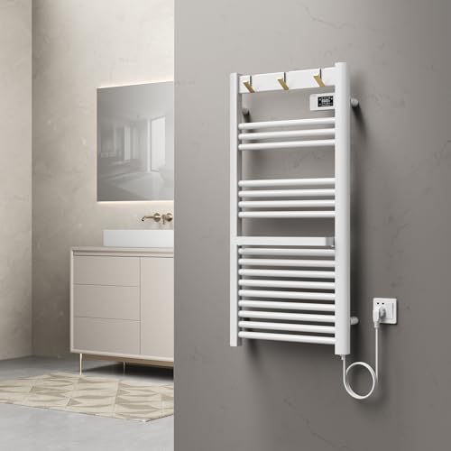 pro.tec Calentador de Toallas Radiador Toallero Eléctrico Mural Secatoallas con 16 Tubos Potencia 500W Modo Confort Eco y Ventana Abierta para Espacios Reducidos Aluminio 105 x 50 cm - Blanco
