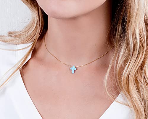 Blue Opal Cross On Thin Gold Filled Choker Necklace - Handmade Minimal Collar - Length: 13.5 Inch + 3 Inch Extender #TOP4