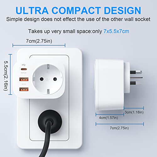 Unidapt Cestovní adaptér 20 W Austrálie, 4 v 1 PD & QC 3.0 adaptér rychlonabíječky, se 2 USB přípojkami a 1 přípojkou USB C, pro Austrálii, Argentinu, Čínu, CE certifikaci typ I