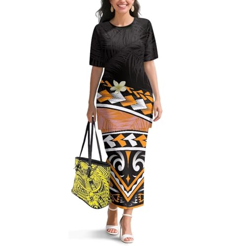 Image of Puletasi Samoan Traditional 2 Piece Outfits for Women Short Sleeve Crop Top and Maxi Skirt Sets Puletasi Dress