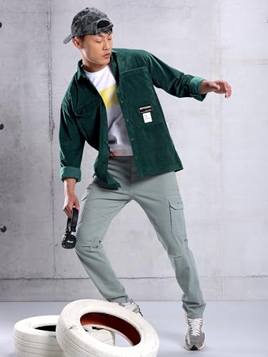 Image of Beyoung Bottle Green Box Corduroy Urban Shirt for Men