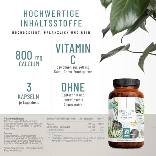 NATURTREU® Calcium hochdosiert mit Vitamin C vegan - 120 Kalzium Kapseln 800mg hochdosiertes Calcium pro Tagesdosis - Ohne Zusatzstoffe