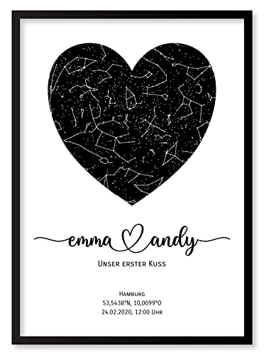Personalisierte Sternenkarte - Sternenhimmel Poster - Die Sternenkarte vom Wunschdatum mit Wunschtext - Personalisiertes Geschenk für Paare - Valentinstag, Kennenlernen, Verlobung, Hochzeit
