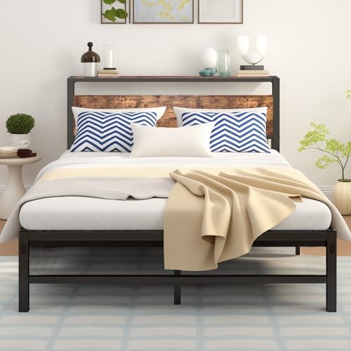 ARFARLY Bett 120x200 mit Lattenrost aus Metall, Metallbett 120x200 mit Holzkopfteil Stauraum, Jugendbett Bettrahmen, Stabil Leichte Montage Modern Braun