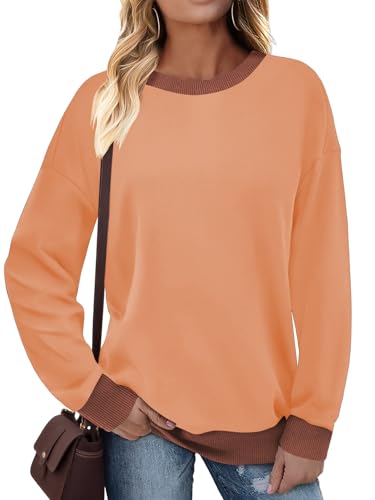 Cuptacc Jersey Mujer Otoño Invierno Escote Redondo Abrigada Manga Larga Sudaderas Contraste De Colores Ligero De Canalé Camiseta Mujer Coral XL